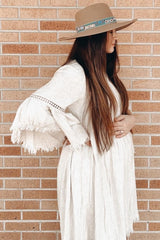 Beige Raw Edge Bell Sleeve Babydoll Maternity Dress