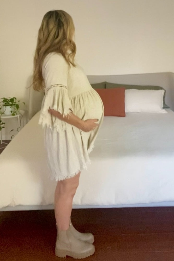 Beige Raw Edge Bell Sleeve Babydoll Maternity Dress