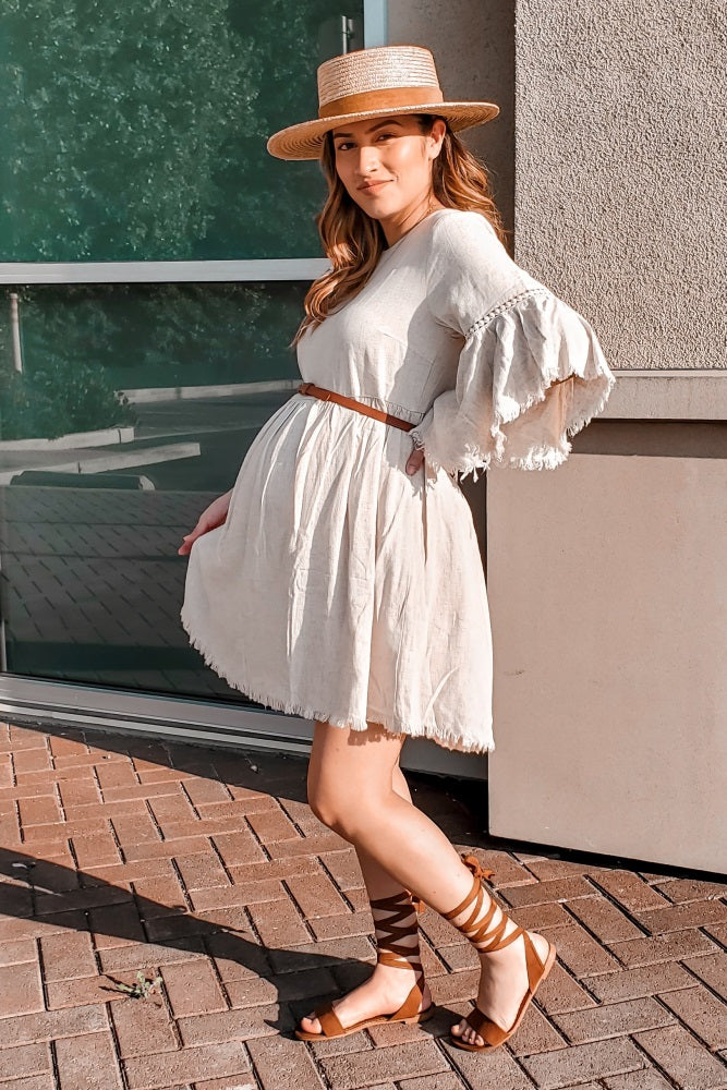 Beige Raw Edge Bell Sleeve Babydoll Maternity Dress