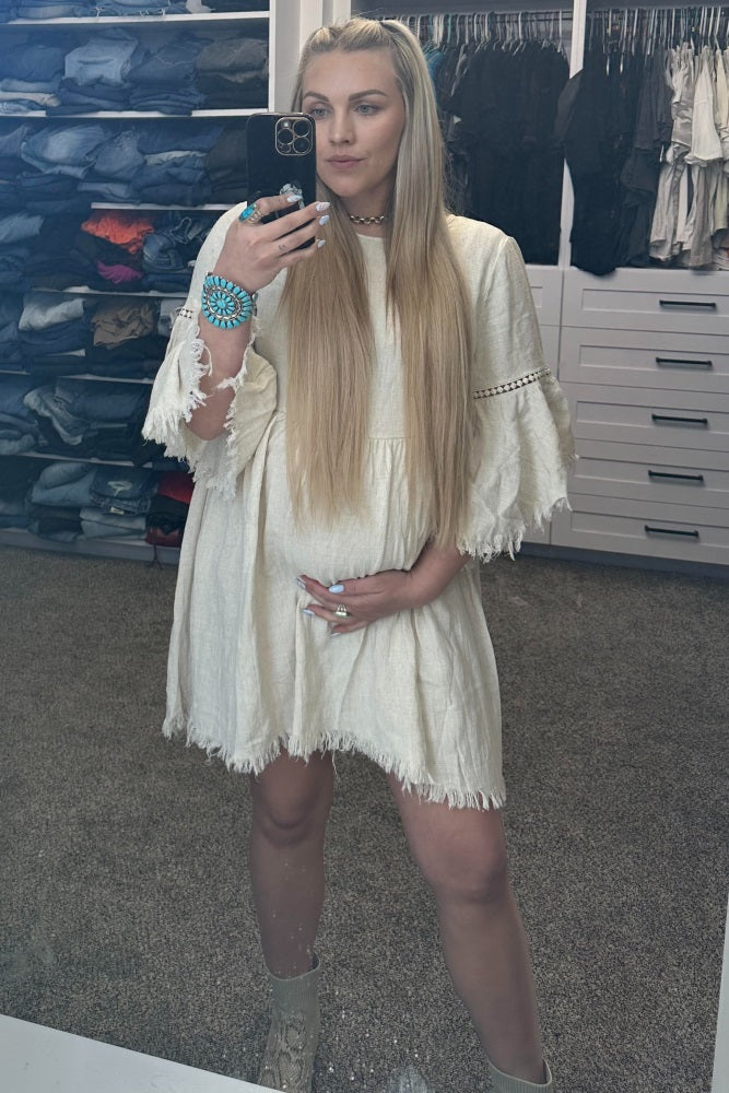 Beige Raw Edge Bell Sleeve Babydoll Maternity Dress