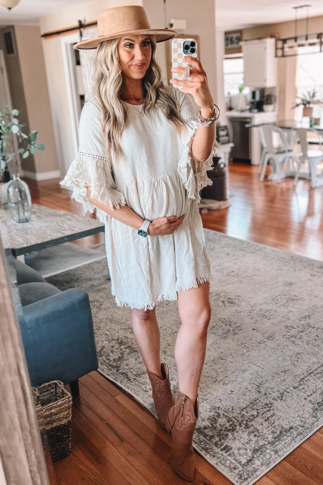 Beige Raw Edge Bell Sleeve Babydoll Maternity Dress