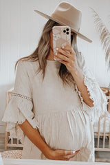 Beige Raw Edge Bell Sleeve Babydoll Maternity Dress