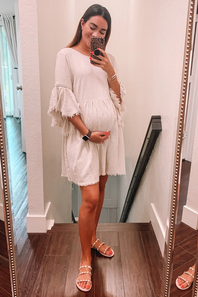 Beige Raw Edge Bell Sleeve Babydoll Maternity Dress