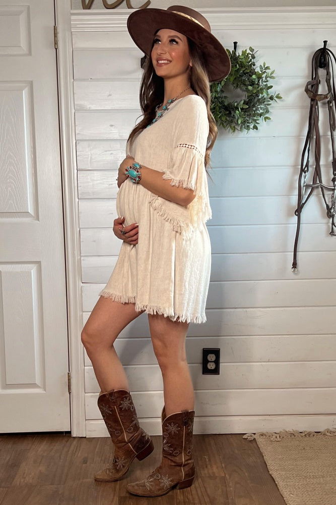 Beige Raw Edge Bell Sleeve Babydoll Maternity Dress