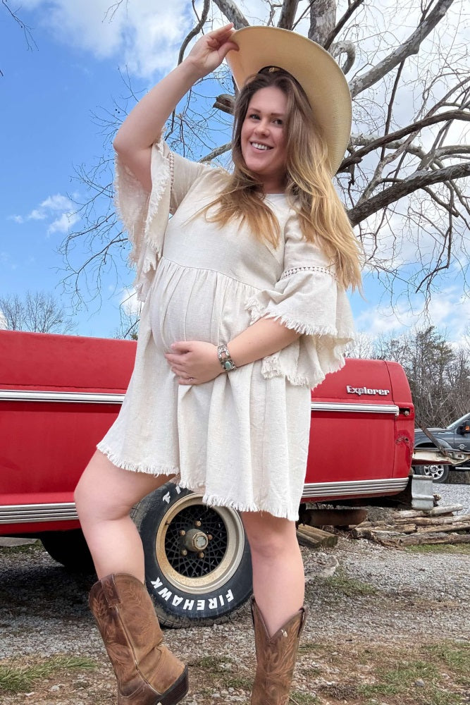 Beige Raw Edge Bell Sleeve Babydoll Maternity Dress