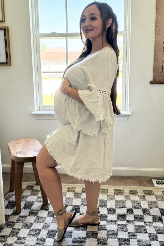 Beige Raw Edge Bell Sleeve Babydoll Maternity Dress