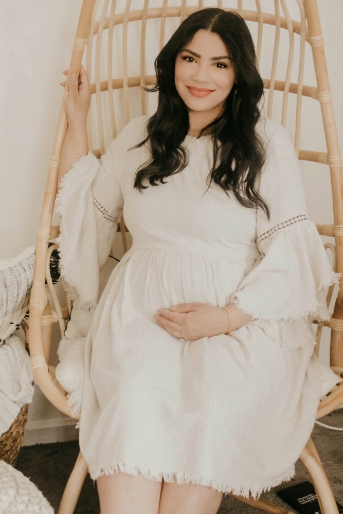 Beige Raw Edge Bell Sleeve Babydoll Maternity Dress