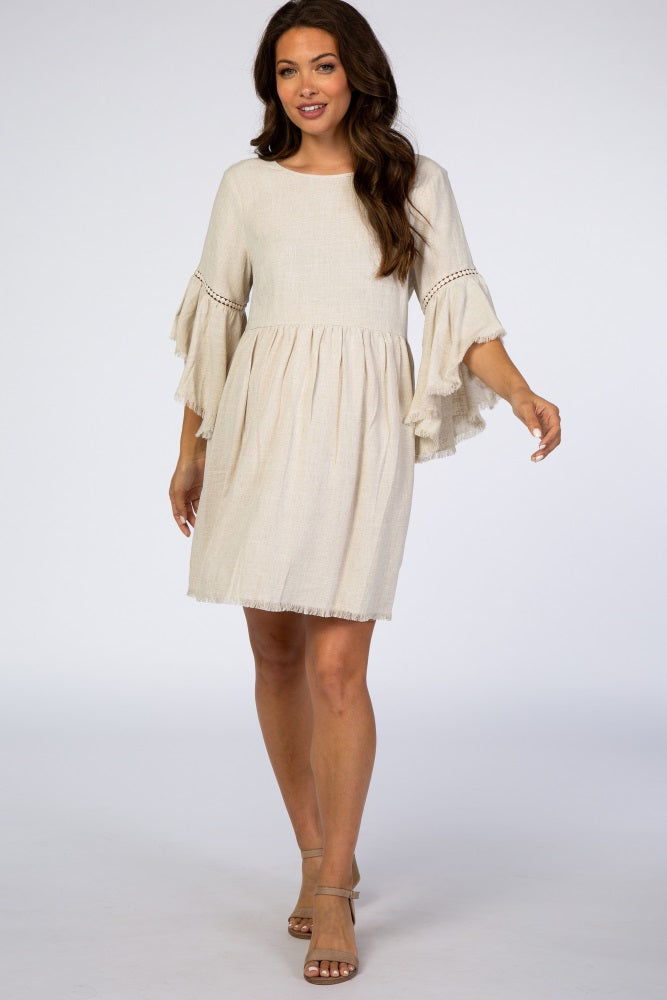 Beige Raw Edge Bell Sleeve Babydoll Maternity Dress