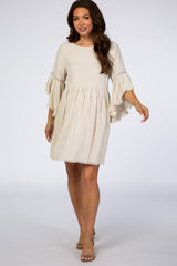 Beige Raw Edge Bell Sleeve Babydoll Maternity Dress