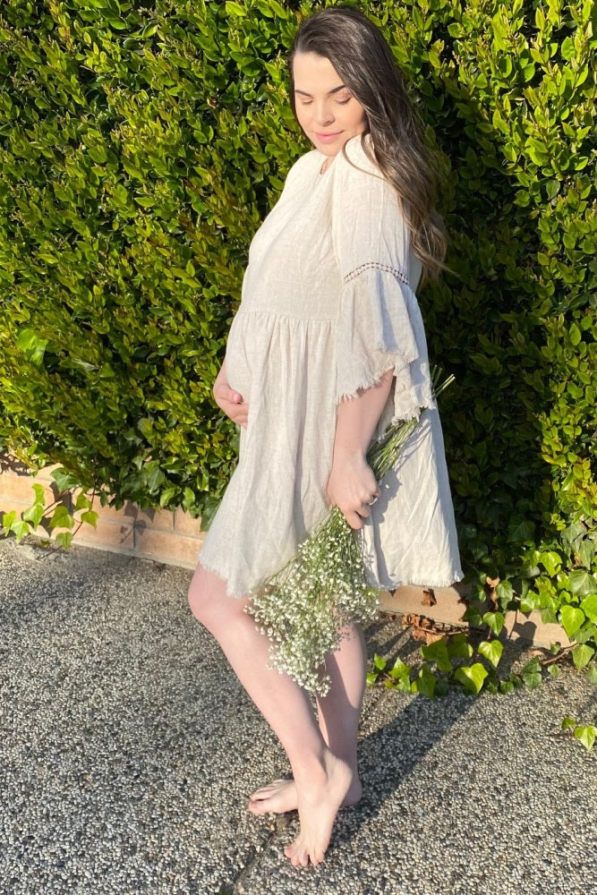 Beige Raw Edge Bell Sleeve Babydoll Maternity Dress