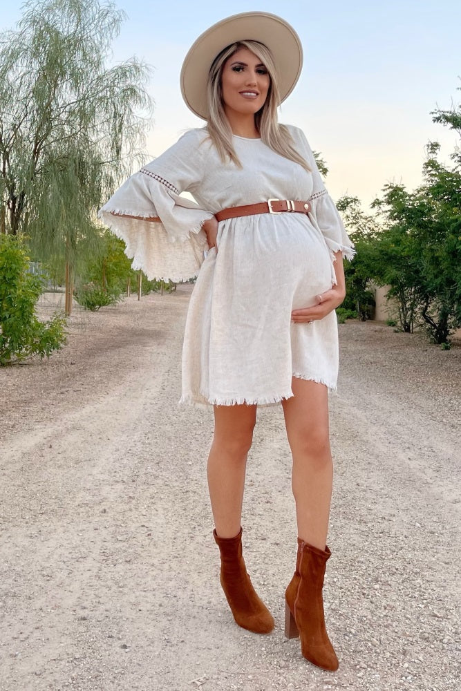Beige Raw Edge Bell Sleeve Babydoll Maternity Dress