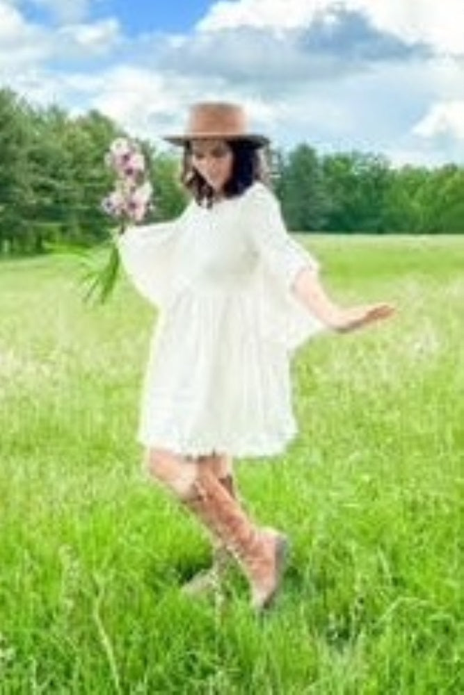 Beige Raw Edge Bell Sleeve Babydoll Maternity Dress