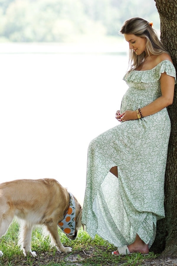 Green Floral Ruffle Off Shoulder Maternity Maxi Dress