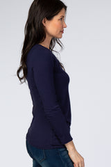 Navy Blue Long Sleeve Ruched Fitted Top