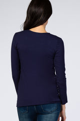 Navy Blue Long Sleeve Ruched Fitted Top