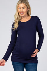 Navy Blue Long Sleeve Ruched Fitted Maternity Top