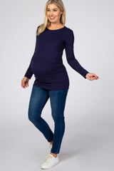 Navy Blue Long Sleeve Ruched Fitted Maternity Top