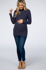 Navy Blue Ribbed Long Sleeve Mock Neck Maternity Top