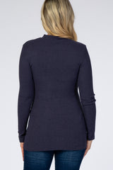 Navy Blue Ribbed Long Sleeve Mock Neck Maternity Top