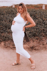 White Ruched One Shoulder Maternity Dress