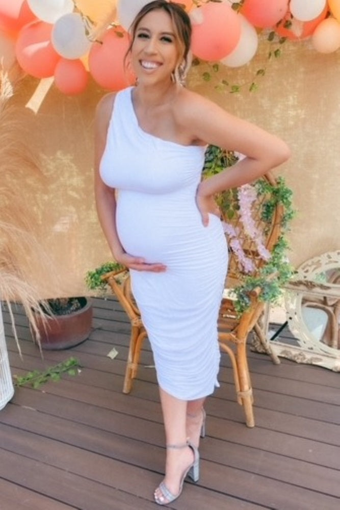 White Ruched One Shoulder Maternity Dress