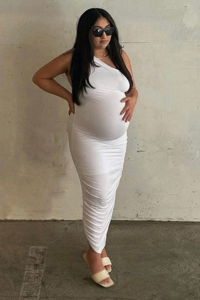 White Ruched One Shoulder Maternity Dress