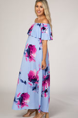 Light Blue Floral Off Shoulder Maternity Maxi Dress