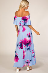 Light Blue Floral Off Shoulder Maxi Dress