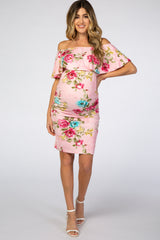 Pink Floral Off Shoulder Fitted Maternity Dress