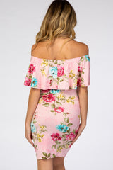 Pink Floral Off Shoulder Fitted Maternity Dress