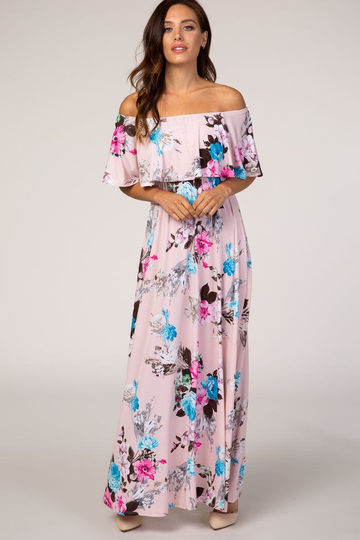 Light Pink Floral Off Shoulder Maxi Dress