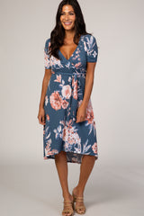 Blue Floral Draped Hi-Low Dress