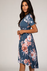 Blue Floral Draped Hi-Low Dress