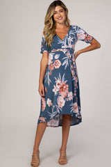 Blue Floral Draped Hi-Low Maternity Dress