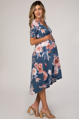 Blue Floral Draped Hi-Low Maternity Dress