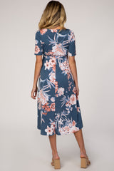 Blue Floral Draped Hi-Low Maternity Dress