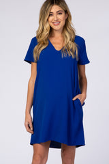 Royal Blue V-Neck Short Sleeve Maternity Dress