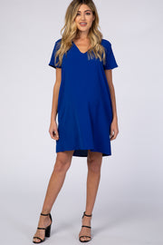 Royal Blue V-Neck Short Sleeve Maternity Dress