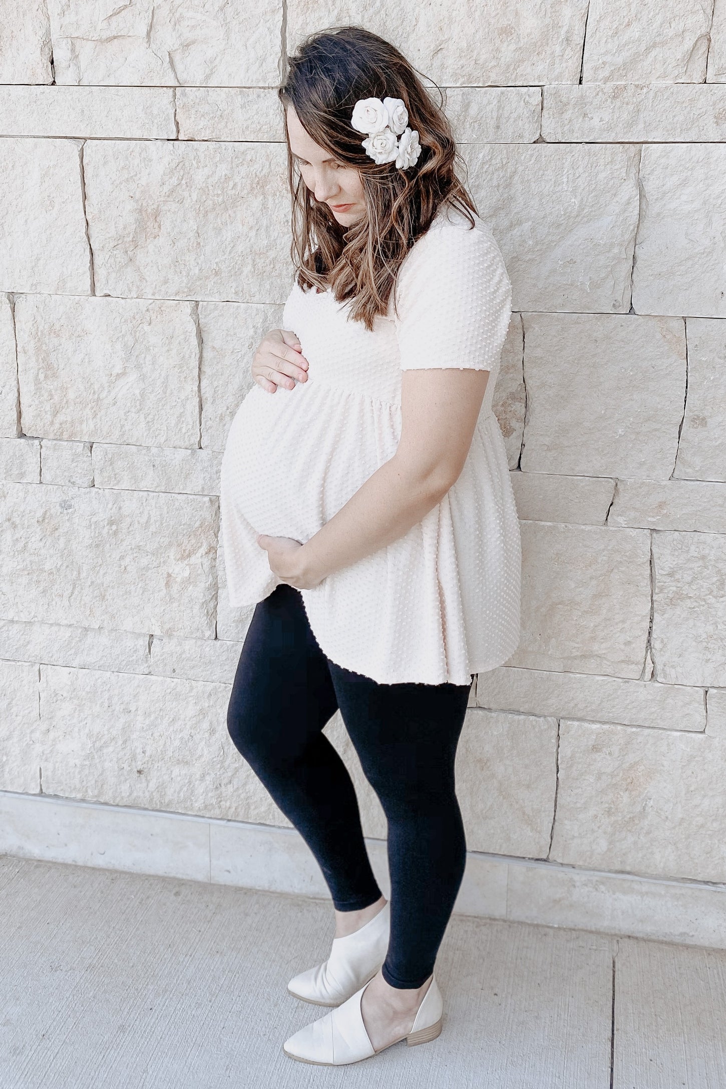 Beige Textured Babydoll Maternity Blouse