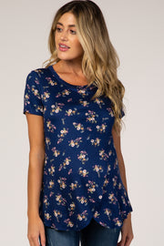 Navy Floral Layered Wrap Front Maternity/Nursing Top