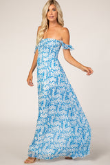 Blue Floral Flutter Sleeve Maxi Dress