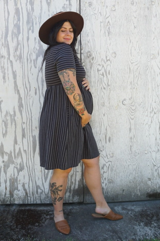 Black Striped Maternity Babydoll Dress