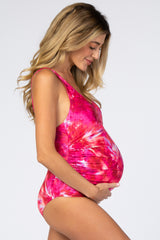 Fuchsia Tie Dye Scoop Front Low Back Ruched One-Piece Maternity Swimsuit