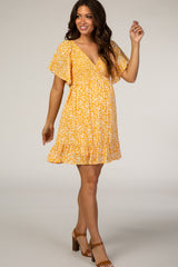 Yellow Floral Smocked Ruffle Maternity Dress