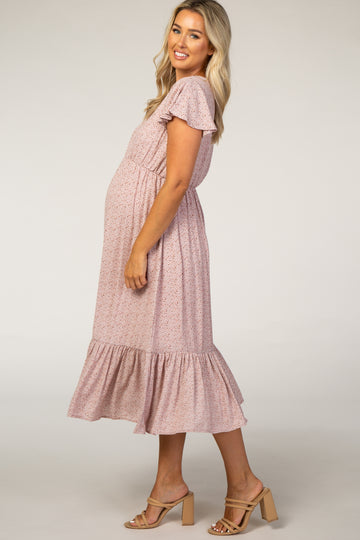 Pink Dot Print Ruffle Maternity Midi Dress