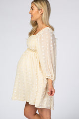 Beige Textured Dot Smocked Square Neck Chiffon Maternity Dress