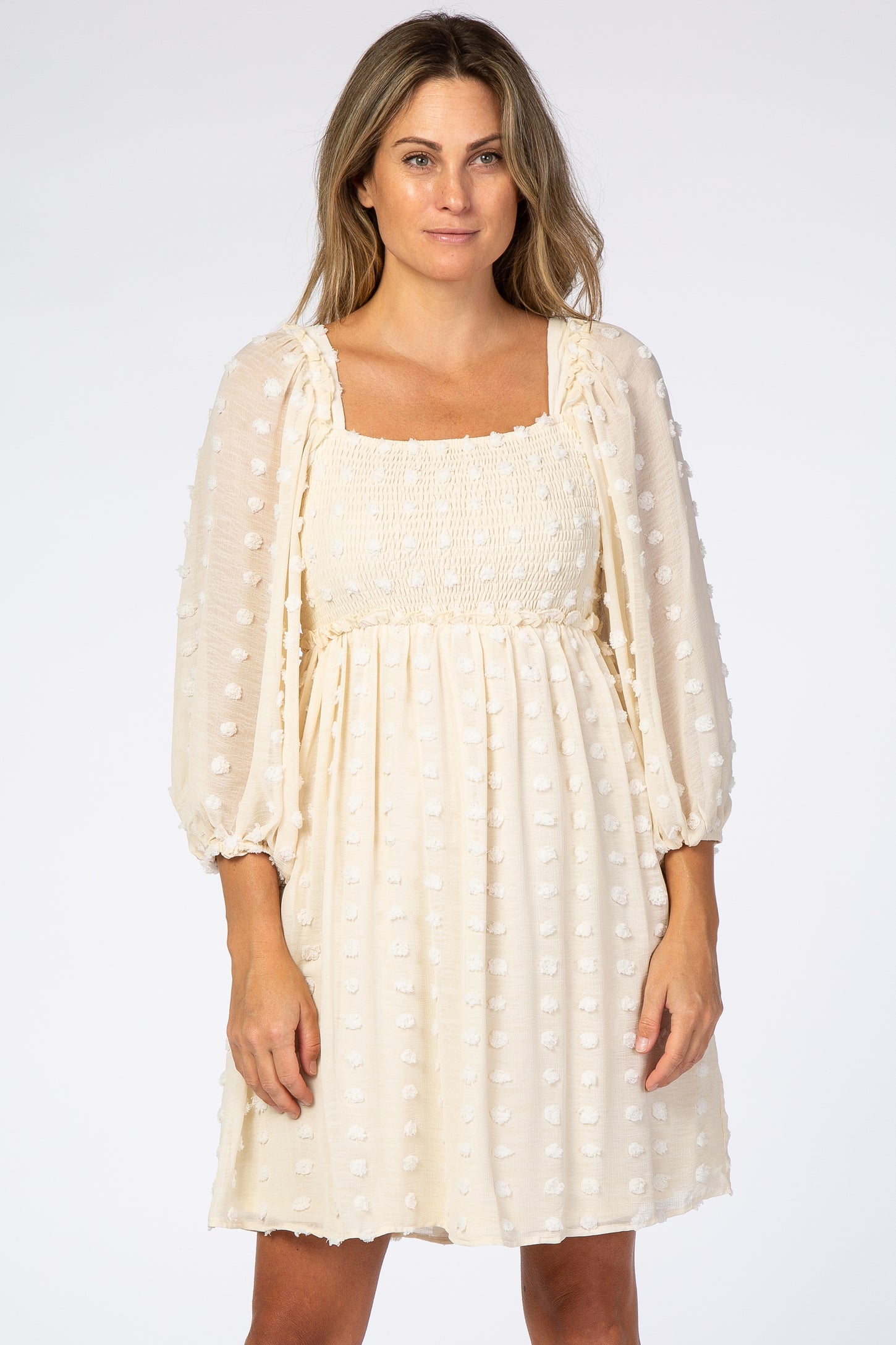 Beige Textured Dot Smocked Square Neck Chiffon Dress