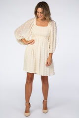 Beige Textured Dot Smocked Square Neck Chiffon Maternity Dress