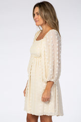 Beige Textured Dot Smocked Square Neck Chiffon Dress