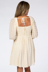 Beige Textured Dot Smocked Square Neck Chiffon Dress